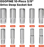 Egofine 10PCS 3/8” Drive Deep Socket Set,Metric Socket Set（10-21mm,6 Point Socket Set With Hanging Bracket,Cr-V Steel