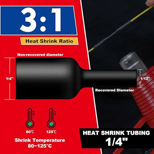 1/4" Heat Shrink Tubing, 65FT Marine Grade 3:1 Shrink Ratio Shrink tubing, Adhesive Lined Heat Shrink Tube, 1/4 Waterproof Shrink Tube for Wires Home Automotive-Black