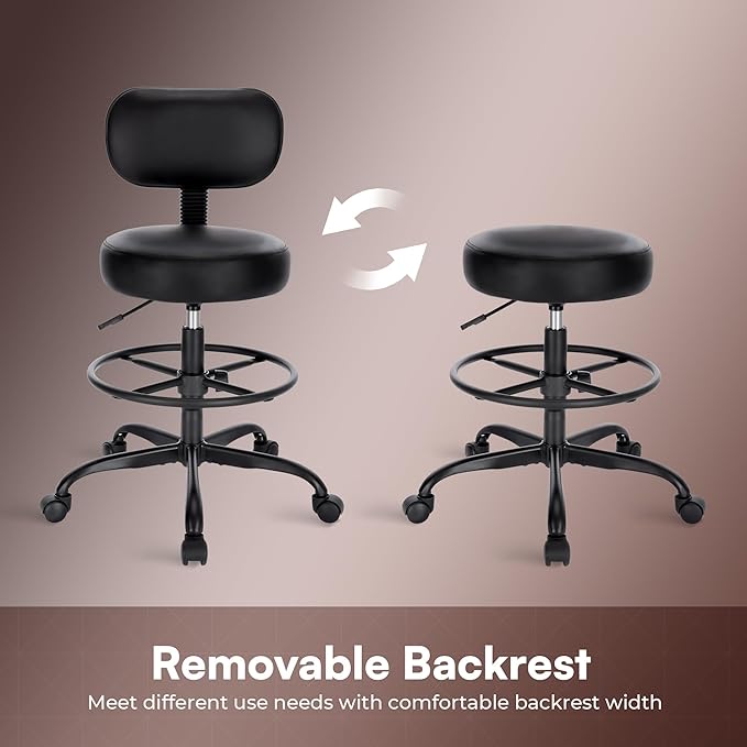 SUPERJARE Drafting Chair with Back, Adjustable Foot Rest Rolling Stool, Multi-Purpose Office Desk Chair, Thick Seat Cushion for Home Bar Kitchen Shop - All Black