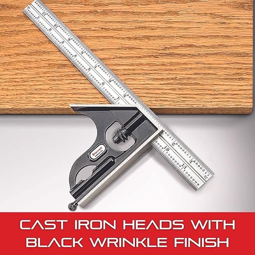 Starrett Steel Combination Square with Square Head - 4" Blade Length, Cast Iron Head, Hardened Steel, Reversible Lock Bolt, 4R Graduation Type - C11H-4-4R