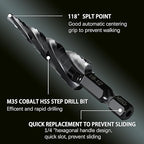 M35 Cobalt Step Drill Bit - 1/8" to 1/2" (13 Sizes) - Unibit Four Spiral Flute - 1/4" Hex Shank - Metal Drilling Bit: High Strength, Durability, Efficient
