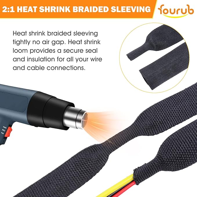 50% Ratio Heat Shrink Automotive Wire Loom Shrinkable Braided Sleeving Fabric Shrink Tubing Wear-Resistant Woven Wire Sheathing(1-1/8"-10ft)