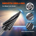 COMOWARE M35 Cobalt Step Drill Bit, 4 Spiral Flute, Step bit with 3/8" Hex Shank, 12 Sizes (3/16" to 7/8"), Steps bits for Metal, Stainless Steel, Aluminum/Wood/Plastic, Unibit for Electricians & DIY