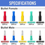 Qibaok Bullet Terminals Wire Connectors Female & Male Bullet Butt Insulated Waterproof Electrical Connector Kit 200 PCS