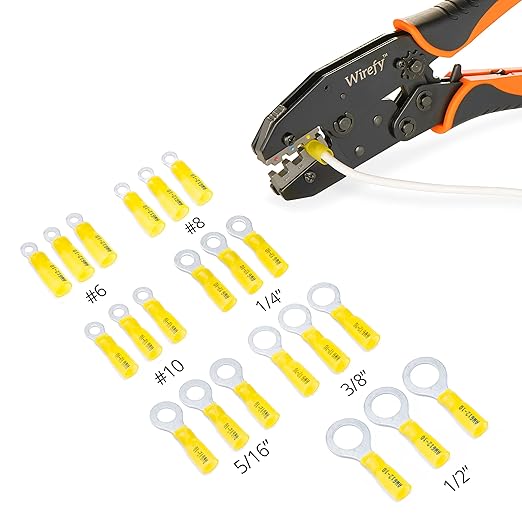 Wirefy Heat Shrink Ring Terminals #6 - Marine Grade Terminal Connectors - Waterproof Eyelet Wire Connectors - Red 10-12 AWG - 90 PCS