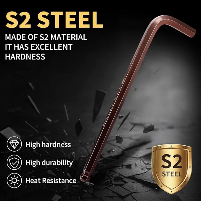 Extra Long Allen Wrench Ball End S2 Steel – 9PCS Metric Hex Key Set, S2 Alloy, 1.5–10mm, 9in, Bronze Finish, for Deep Space Work, Auto Repairs, Workshop Use
