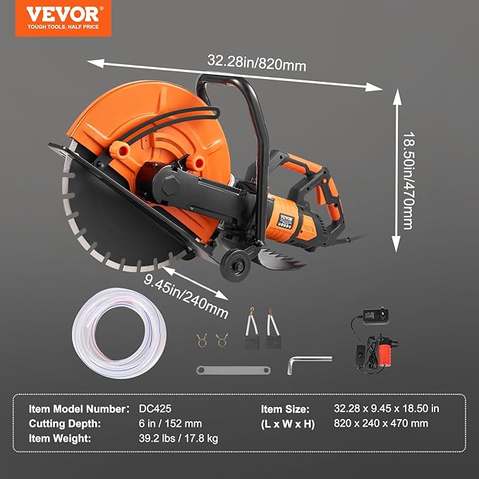 VEVOR Electric Concrete Saw, 16 in, 3200 W Motor Circular Saw Cutter with Max. 6 in Adjustable Cutting Depth, Wet Disk Saws Cutter Includes Water Line, Pump and Blade, for Stone, Brick