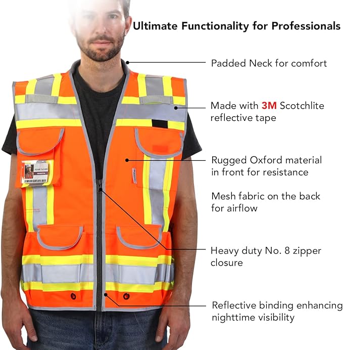 Dib Safety Reflective Vest Heavy Duty, High Visibility Two Tone Engineer Vest, Made with 3M Tape, Padded Collar, Retractable ID Pocket, Orange S