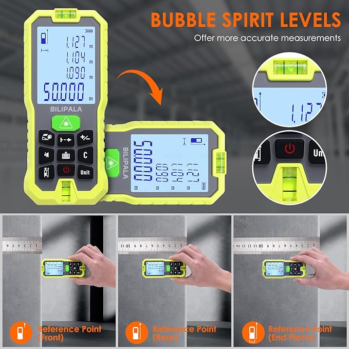 Laser Measure, 50M/165ft Digital Laser Distance Meter, ±2mm Accuracy Laser Measuring Tool, Tape Measure with Backlit LCD, Measuring Distance,Area,Volume,Pythagorean Mode for Indoor/Outdoor Use(Green)
