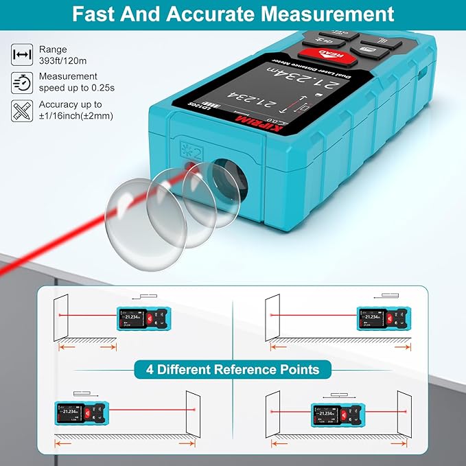 Kiprim 393ft Dual Laser Distance Measuring Tool LD120S, 120m Total Range, Electronic Level, Precise Measurements, and Pythagorean Function - Ideal for Construction, DIY, and Home Renovation