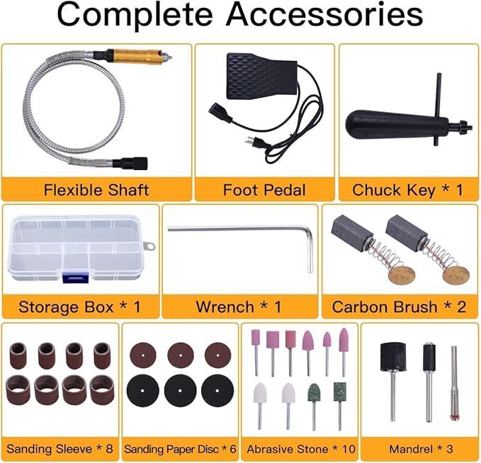 380W Flex Shaft Rotary Tool with Stepless Speed Foot Pedal, Multi-Function Metal Hanging Grinder Carver Kit - Ideal for Carving, Buffing, Drilling, Polishing, Sanding, Cutting- Includes DIY Accessorie