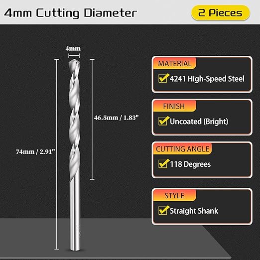 Drill Bit, 4mm Cutting Diameter, 4241 HSS 118° Cutting Angle Uncoated Bright Versatile Jobber Bits - (Applications: for Drilling Plastic Wood Soft Metal), 2-Pieces