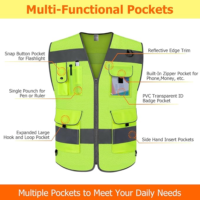 TCCFCCT Mesh High Visibility Vest 9 Pockets Reflective Safety Vest for Men Women, Hi Vis Construction Vest with Reflective Strips, For Workers, Surveyors, Meet ANSI/ISEA Standards, (Yellow, X-Large)
