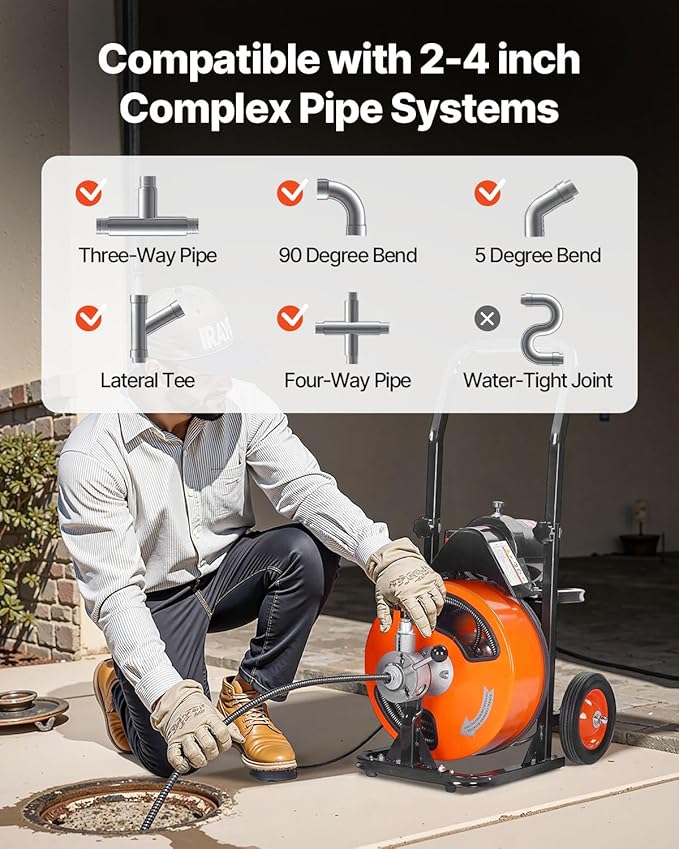 VEVOR Drain Cleaning Machine 100FT x 3/8 Inch, Sewer Snake Machine Auto Feed, Drain Auger Cleaner with 4 Cutter & Air-Activated Foot Switch for 2" to 4" Pipes, Orange, Black