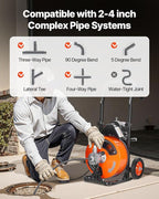 VEVOR Drain Cleaning Machine 100FT x 3/8 Inch, Sewer Snake Machine Auto Feed, Drain Auger Cleaner with 4 Cutter & Air-Activated Foot Switch for 2" to 4" Pipes, Orange, Black