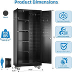 Garage Storage Cabinet with Wheels and 5 Pegboard, 71" H Metal Storage Cabinets with 2 Locking Doors and 4 Shelves, Broom Closet Storage Cabinet with Hanging Rod and 13 Hooks, Black