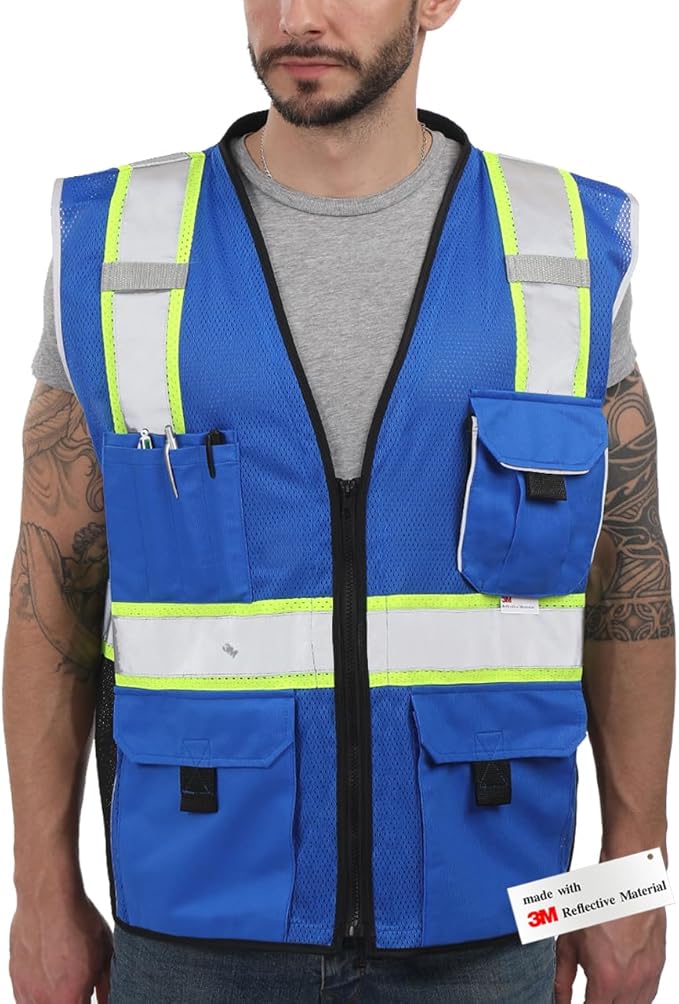Dib Safety Vest Reflective Blue Mesh, High Visibility Vest with Pockets and Zipper, Heavy Duty Vest Made with 3M Reflective Tape XL