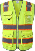 JKSafety 9 Pockets Hi-Vis Neon Yellow Color Zipper Front Safety Vest with Fluorescent Orange Extend Edge outlining the Reflective Tapes Meet ANSI/ISEA Class 2 Standard (901-Yellow, 3X-Large)