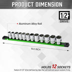 ALOANES 1/2-Inch Drive Magnetic Socket Organizer, Heavy Duty Aluminum Socket Rail Organizer, 360° Swivel Clips Socket Holder Kit for Tool Box, 1/2 Inch Socket Holder x 12 Clips (Green)