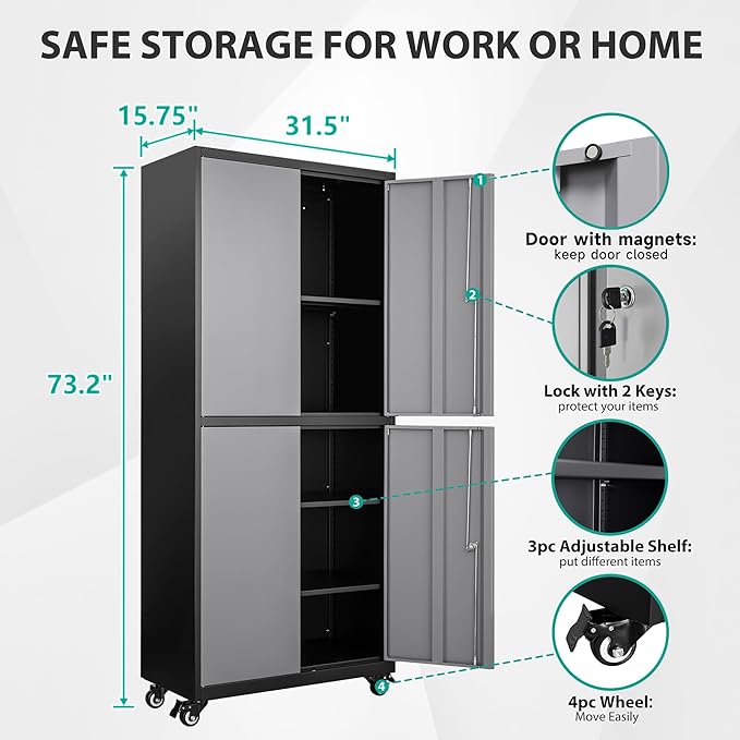 Metal Storage Cabinet with Wheels,Rolling Garage Storage Cabinet with Lock,Gray Lockable Metal Cabinets with Shelves,Tall Tool Cabinets on Wheels for Garage,Home,Office,Shop