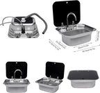 Folding RV Sink & Faucet Combo W/Lid, Bar Kitchen Sink 15 x 17 In Undermount Drop-in Sinks 304 Stainless Steel Single Bowl Workstation Sink Caravan Camper Van Boat Trailer Sink Hand Wash Basin