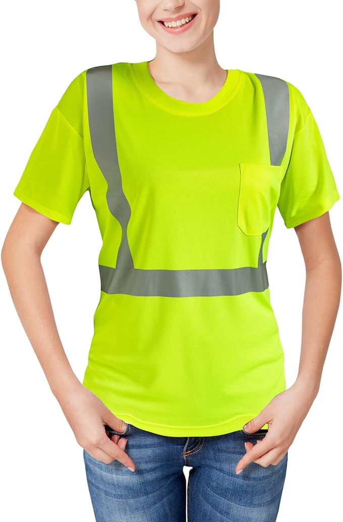 High Visibility Shirts Quick Dry Safety T Shirts with Reflective Strips and Pocket Short Sleeve Mesh Hi Vis Construction Work Class 2 Shirt for Men/Women Lime,5XL