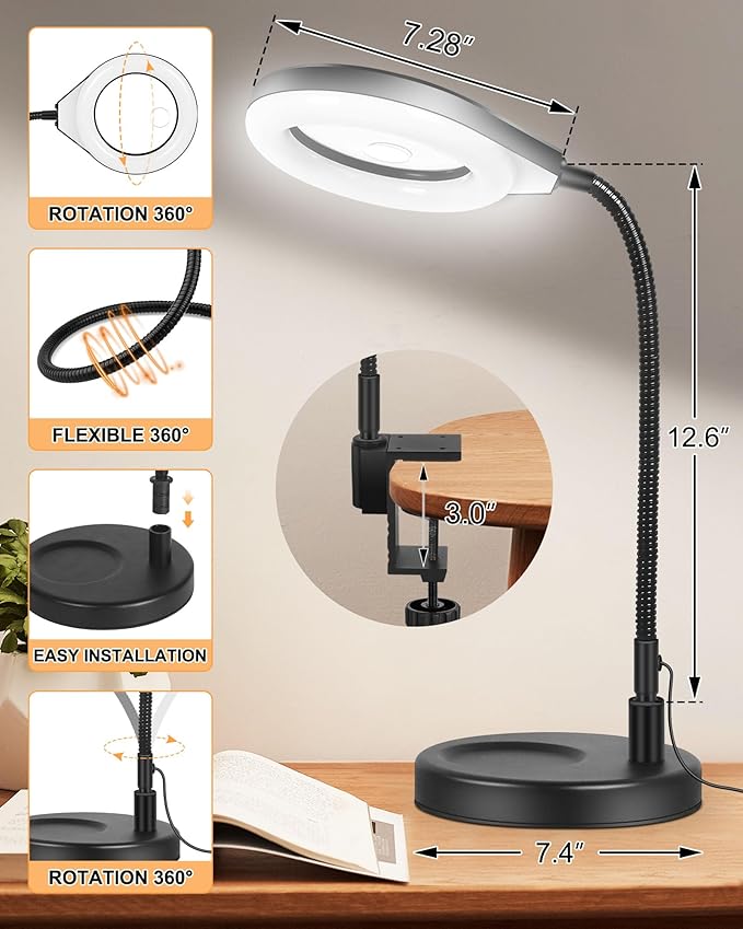 Flexible Gooseneck 2-in-1 Magnifying Glass with Light and Stand,10x & 5x Real Glass Lens Magnifying Lamp, 5 Color Stepless Hands-Free LED Desk Lamp with Clamp for Painting, Crafts, Reading (Pink)