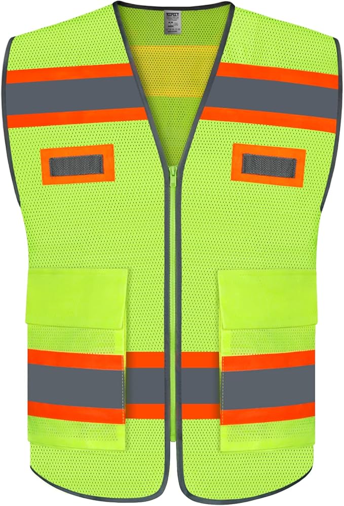 TCCFCCT Mesh Construction Safety Vest with Pockets, High Visibility Reflective Vest for Men & Women, Fluorescent Orange, Meets ANSI/ISEA Standards, Yellow, S