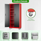 Garage Storage Cabinet with Pegboard and 5 Adjustable Shelves, 71'' x 32'' x 16''Metal Lockable Cabinet with Magnetic Doors,Tool Storage,Home Office Garage,Gym,School (Black-red)