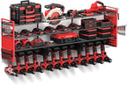 Power Tool Organizer Wall Mount with 12 Drills Holder, 49" Heavy Duty 4-Tier Power Tool Storage Rack, DIY Pegboard Side Panels,4 Long Hooks, Garage Metal Tool Shelf for Battery,Drills