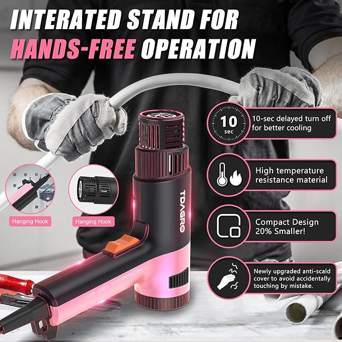 Heat Gun for crafting 1800W, 122℉~1202℉ Variable Temperature Control with 2-Temp Settings 4 Nozzles, 1.5s Fast Heating Mini Heat Gun for Resin, Shrink PVC Tubing/Crafts and Vinyl Wrap（Pink）