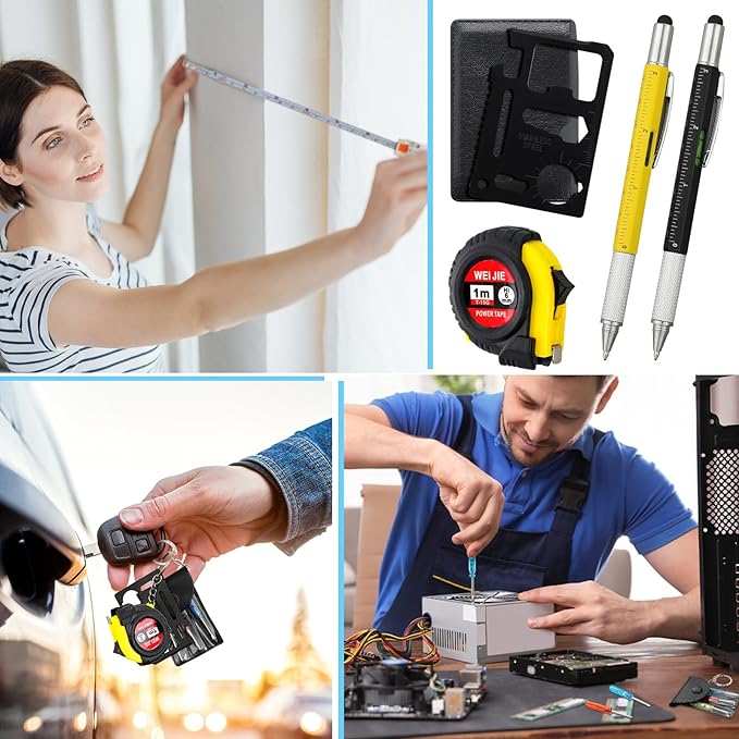 24 Pcs Mini Tape Screwdriver Keychain Set Christmas Men Gifts Bulk Adult Party Favors Multitool Pen Card Tool Measuring Keychains Stocking Christmas Stuffers for Men Dad (Yellow,Black)