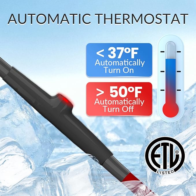 45 FT Heat Tape for Water Pipes Freeze Protection with Thermostat, Electric Heat Trace Pipe Heating Cable Energy-Saving 120V 7W/FT
