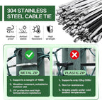 Metal cable tie gun set,contains 200 heavy-duty outdoor stainless steel cable ties,suitable for chain link fence components,wire mesh rolls,exhaust pipe winding,poultry fencing,boat construction,etc