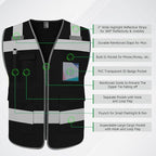 TCCFCCT Safety Vest for Men Women 5 Pockets Reflective Vest with Reinforced Zipper, High Visibility Construction Work Vest with Tabs for Walkie-talkie, Durable to Use, Meets ANSI/ISEA, Black, XXL
