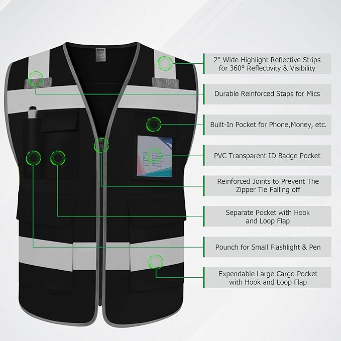 TCCFCCT High Visibility Vest 5 Pockets Reflective Safety Work Vest with High Reflective Strips, Meets ANSI/ISEA Standards, Black, XL
