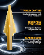COMOWARE Step Drill Bit Set 5-Piece Titanium-Coated with Automatic Center Punch HSS- Covering 50 Sizes, Complete with Aluminum Case