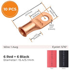 SELTERM 10pcs - 1 Awg - 5/16" Stud - Battery Lugs - Ring Terminal Connectors | with 12pcs 3:1 Black & Red Heat Shrink Tubing with Adhesive | Heavy Duty Battery Cable Ends - Bare Copper Wire Lugs Kit