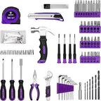 Tool Set: Tool Kit with 8V Cordless Drill, Hand Toolbox with storage case, Tool set for Home Repairs 126 Piece, Purple