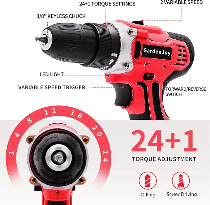 GardenJoy Cordless Power Drill Set: 12V Electric Drill with Battery and Charger,
