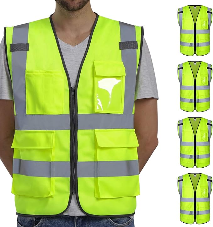 Dib Safety Vest Reflective ANSI Class 2, High Visibility Vest with Pockets and Zipper, Hi Vis Yellow 5 Pack L