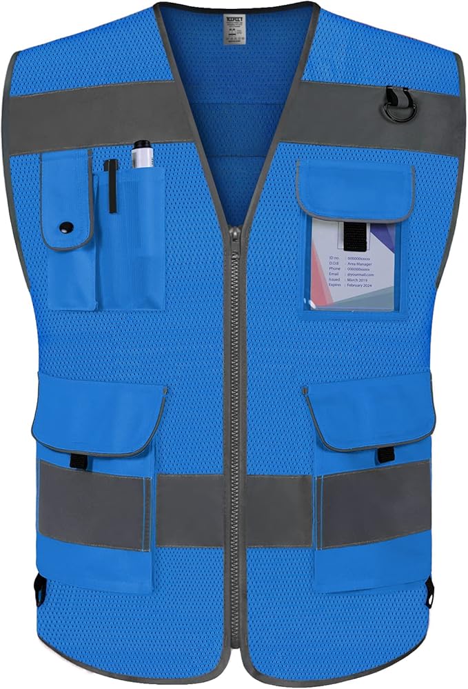 TCCFCCT Mesh Blue Safety Vest for Men Women 9 Pockets High Visibility Reflective Vest for Safety, Work Vest with Reflective Strips, Meets ANSI/ISEA Standards, Large