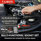 Socket Wrench Set, 53PCS 1/4 Inch Ratcheting Wrench Set And Extension Bar Gimbal Slide Bar Extension Sockets, Set For Automotive Repair And Home Use.