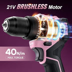 21V Lithium-Ion Cordless Drill Set, Brushless, Compact Type, including Battery, Charger and 3/8-inch Keyless Chuck; Cordless Lithium-Ion Drill Kit (Pink)
