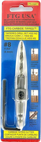 FTG USA #8 (11/64") Tungsten Carbide Tipped 82 Degree Countersink Drill Bit with Tapered Drill Bit, 1/4 Inch Quick Change Hex Shank and Allen Wrench