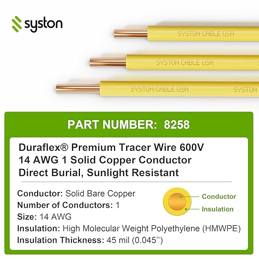 14 AWG Tracer Wire 600V 100% Solid Copper Conductor Direct Burial Underground, Yellow Tracer Wire for Locating Underground Pipes and Lines Gas Electrical Wire Water Sewer Pipe and Fiber Optic, 100 FT