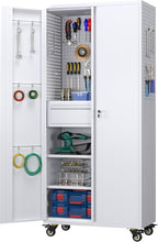 Aobabo Metal Storage Cabinet with Wheels and 1 Interior Drawer, Steel Rolling Tool Cabinet with 16 Hooks and 2 Adjustable Shelves for Garage, Home, Office, Kitchen Assembly Required, White