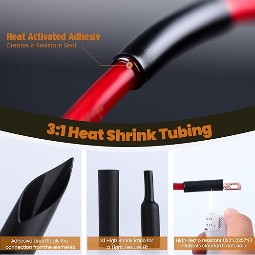 TKDMR 176Pcs Copper Wire Lugs AWG2 4 6 8 10 12 Gauge with 3:1 Heat Shrink Set 88Pcs Battery Cable Lugs Terminal Connectors for Marine, Automotive, Solar Electrical(Bare Copper)