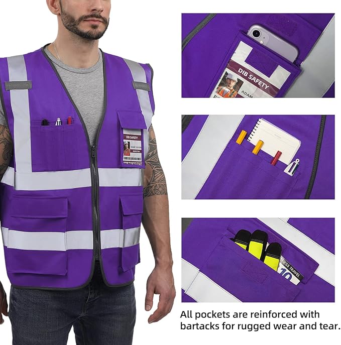 Dib Safety Reflective Vest High Visibility with Pockets and Zipper, Purple L
