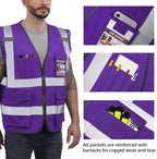 Dib Safety Reflective Vest High Visibility with Pockets and Zipper, Purple XS